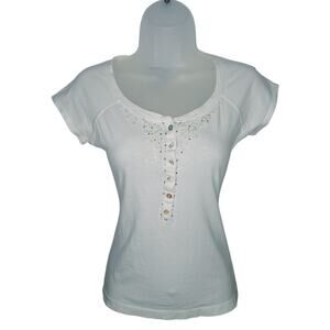 VTG Y2K Self Esteem Top Henley Small Cap Sleeve Bella Swan Fairy Grunge Beaded